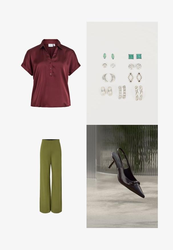 Blouse en satin à manches courtes couleur bordeaux foncé avec col, trois boutons sur le devant et manches à poignets repliés.; Pantalon large vert olive avec une taille haute et un tissu lisse et fluide, présenté sur fond blanc.; Escarpin slingback noir brillant à bout pointu avec une petite boucle décorative, flottant au-dessus d'un sol en béton avec un fond en verre texturé.; Six paires de boucles d'oreilles argentées et vertes, à clous et anneaux, disposées en deux colonnes verticales sur fond blanc.