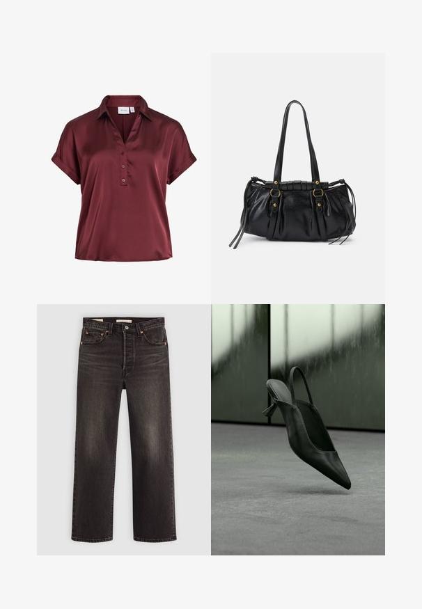 Satijnen blouse met korte mouwen in diep bordeaux met kraag, drie knopen aan de voorkant en omgeslagen manchetten.; Zwarte denim jeans met een rechte pasvorm. Heeft koperen klinknagels en zakken. Gladde textuur en een licht vervaagd uiterlijk.; Zwarte leren slingback pumps met hoge hak en spits toelopende neus zwevend boven een grijs tapijtvloer, wazige groenachtige muur op de achtergrond.; Zwarte leren handtas met een afgeronde vorm, dubbele handvatten, decoratieve hardware accenten en details met zijstrikken. Smooth, glanzende textuur.
