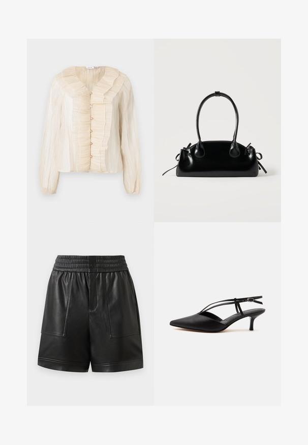 Crème-kleurige blouse met een ruchesnek en ruches aan de voorkant, knoopsluitingen, lange mouwen en een zachte textuur. Accenten in een bijpassende tint.; Zwarte neplederen shorts met elastische tailleband, voorste drukknoop, grote voorzakken en rechte zoom.; Zwarte leren pumps met spits toelopende neus, kittenheel met dunne enkelriem en gesp, slingback ontwerp, op een effen lichte achtergrond.; Kleine zwarte glanzende handtas met twee lange hengsels en zijkant trekkoord details op een effen lichte achtergrond.