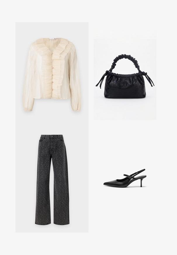 Cremefarvet bluse med flæsekrave og front, knaplukninger, lange ærmer og blød tekstur. Accenter i matchende tone.; Noisy May Rhinestone - Jeans Relaxed Fit - black denim; Sorte læder slingback hæle med spids tå, slank justerbar rem og en stiletto hæl på cirka 5 cm, glat tekstur.; Sort taske med krokodilletekstur, rynket øverste kant, samlet hank og snore med kvaster på hver side mod en hvid baggrund.