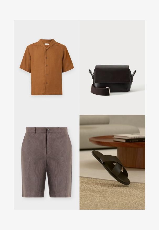 Chemise marron à manches courtes avec col style camp, cinq boutons sur le devant, présentée sur un fond gris clair uni.; Shorts marron pour homme sur mesure avec bouton à l'avant, fermeture éclair, passants pour ceinture et poches latérales, présentés sur un fond blanc uni.; Sandale slide en cuir noir avec larges brides croisées sur un tapis beige, près d'une table basse ronde en bois avec des livres empilés.; Sac bandoulière en cuir marron foncé avec fermeture à rabat et sangle en tissu réglable sur fond blanc.