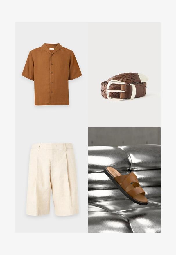 Chemise marron à manches courtes avec col style camp, cinq boutons sur le devant, présentée sur un fond gris clair uni.; Short en lin beige avec taille haute, plis avant, passants de ceinture et coupe droite longueur genoux.; Sandale slide en cuir marron avec deux larges brides et une semelle noire flottant au-dessus d'une surface capitonnée argent métallique brillante.; Ceinture en cuir tressé marron avec boucle en métal argenté, passant et extrémité, enroulée sur un fond blanc.