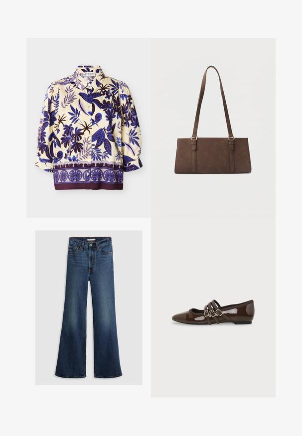 Crèmewitte blouse met blauwe en paarse bloemen- en bladerenpatronen, knoopsluiting aan de voorkant, pofdriekwartmouwen en een afgerond zoomontwerp.; Wijde jeans in donkerblauw denim, met een hoge taille, vijf zakken en contrasterend stiksel langs de naden en tailleband.; Bruine lakleren platte schoen met puntige neus en drie verstelbare gespen aan de zijkant, gezien vanaf de buitenkant.; Bruine rechthoekige schoudertas met lange riemen en minimale stikdetails op een effen achtergrond.