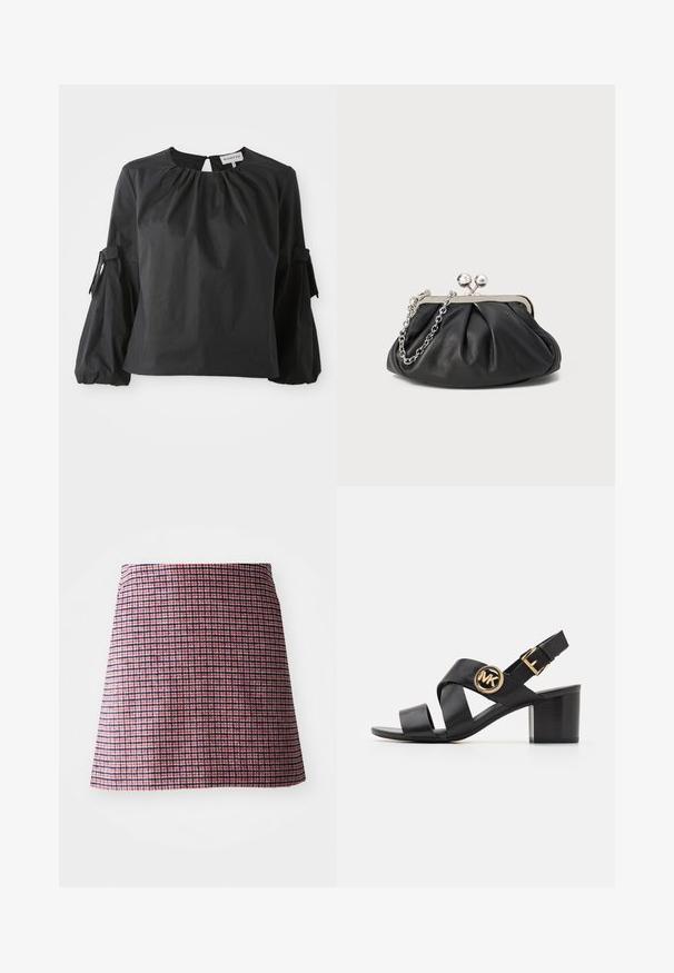 Blusa negra con escote redondo y abertura en forma de llave. Presenta mangas abullonadas con detalles de lazo y un acabado de tejido texturizado.; Falda a cuadros en rojo y navy con una cintura ajustada y un dobladillo acampanado, tejido texturizado y una silueta estructurada.; Sandalia de cuero negra con correas entrelazadas y un logo redondo de MK. El tacón es de altura media, proporcionando estabilidad y un diseño elegante.; Clutch de cuero negro con textura arrugada, marco de metal en tono plateado, cierre de beso y cadena para colgar. Superficie suave y lisa.