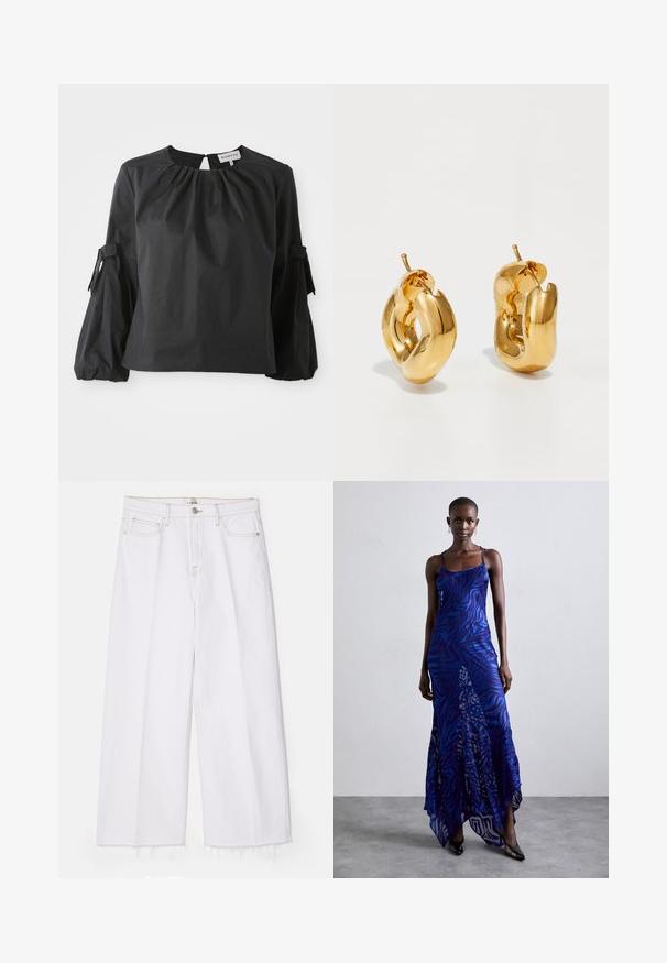 Sort bluse med rund halsudskæring og nøglehulåbning. Har puffede ærmer med bindedetaljer og en tekstureret stoffinish.; FRAME LE JANE WIDE CROP RAW FRAY - Jeans Relaxed Fit - au natural clean; Blå og lilla dyreprint maxi kjole med tynde stropper, en tætsiddende bodice, flagrende kant og gennemsigtig overlay-detaljering.; Chunky guld hoop øreringe med et let snoet, rørformet design og postsystem bagpå, på en hvid baggrund.