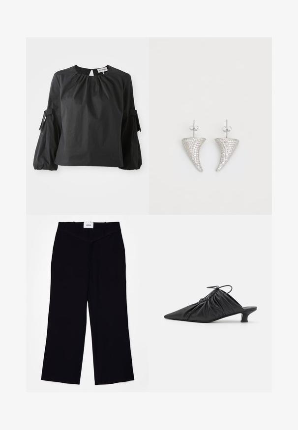 Schwarze Bluse mit einem runden Ausschnitt und einer Schlüsselöffnung. Sie hat gepuffte Ärmel mit Bindebändern und eine strukturierte Stoffoberfläche.; Schwarze weit geschnittene Hosen aus einem glatten Stoff. Verfügt über einen flachen Bund mit Gürtelschlaufen und einen sauberen Abschluss an den Säumen.; Schwarze Leder-Mules zum Hineinschlüpfen mit spitzer Zehe, geraffter Textur und kleinem Kitten-Heel. Verfügt über ein Zugbanddetail am Öffnung.; Silberne, hornförmige Ohrringe, besetzt mit kleinen klaren Steinen, mit einem Steckverschluss zur Befestigung. Glatte Textur und metallisches Finish.