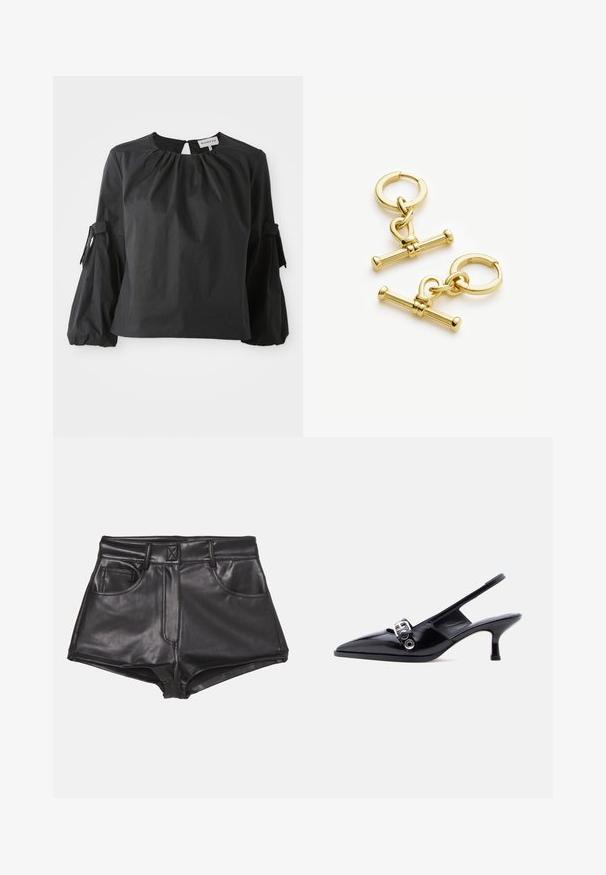 Zwarte blouse met een ronde halslijn en een sleutelgatopening. Heeft pofmouwen met strikdetails en een structuurstofafwerking.; Zwarte faux leren shorts met een hoge taille, voorzien van twee voorzakken, zichtbare stiksels en een gladde textuur.; Zwarte slingback kitten heel schoen van lakleer met puntige neus en zilveren gespsluiting op een effen witte achtergrond.; Gouden metalen oorbellen met een ronde hoop en een decoratieve sluiting met verlengde staafaccenten. Hete glanzende afwerking en een gladde textuur.