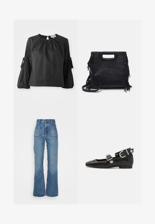 Schwarze Bluse mit einem runden Ausschnitt und einer Schlüsselöffnung. Sie hat gepuffte Ärmel mit Bindebändern und eine strukturierte Stoffoberfläche.; Hoch taillierte blaue Jeans aus Denim mit weitem Bein, zwei Fronttaschen und zwei Gesäßtaschen; strukturiert mit einem ausgewaschenen Look.; Schwarze Lackleder-Ballerina mit eckiger Zehenpartie, Knöchelriemen mit silberner Hardware und flacher Sohle. Glatte Textur mit minimalistischen Design.; Schwarze Lederhandtasche mit strukturiertem Design, oberen Griff und Fransenakzenten. Verfügt über einen abnehmbaren Schultergurt für mehr Vielseitigkeit.