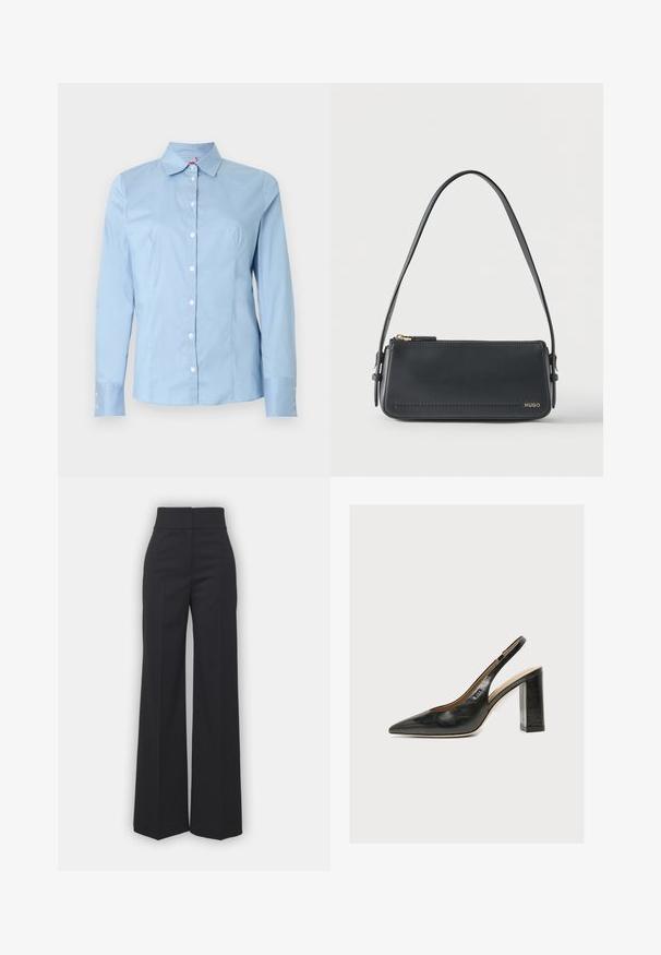 Chemise bleu clair à manches longues avec col pointu, texture douce en coton, et boutons blancs sur le devant et aux poignets.; Pantalons à jambes larges en tissu noir avec une taille haute, présentant une finition soignée et une texture lisse. Pas de matériel ou de motifs visibles.; Chaussure slingback femme en cuir noir avec bout pointu et talon bloc épais et haut sur fond blanc.; Sac à bandoulière rectangulaire en cuir noir avec fermeture éclair dorée et petit logo "HUGO" doré sur le devant, doté d'une sangle réglable avec boucle.