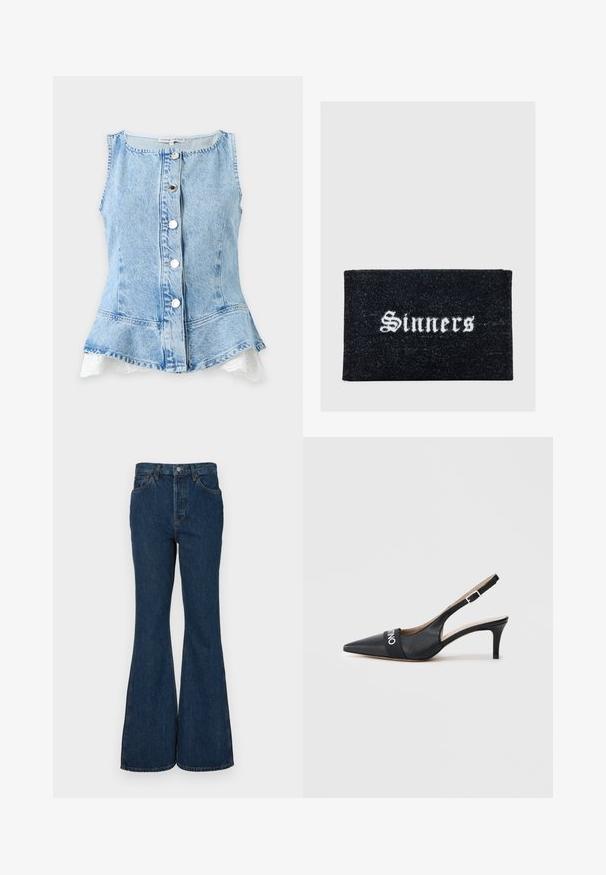 Ærmeløs lyseblå denimvest med knapper foran og hvid blonderkant, der titter frem fra nederkanten.; Mørkeblå flare jeans lavet af denim. Har høj talje, fem lommer og kontrastsyet. Glat tekstur og ren finish.; Sort læderslingback sko med spids tå, mellemhøj hæl og en mærket stofrem hen over fronten. Glat tekstur og minimalistisk design.; Sort rektangulær dørmåtte med hvid gotisk tekst, der står "Syndere" centreret på en simpel grå baggrund.