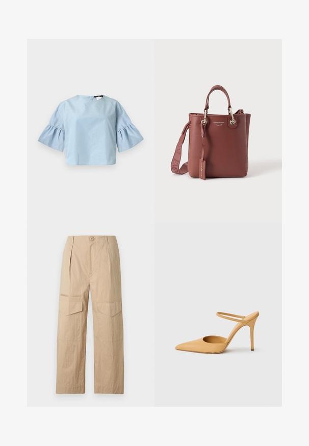 Blouse bleu clair à manches courtes avec manches larges et volantées et un col rond, présentée sur un fond blanc uni.; Pantalon cargo beige à jambes larges avec fermeture frontale par boutons, passants pour ceinture et poches à rabat sur les cuisses.; Chaussure à talon aiguille beige à bout pointu avec une fine bride de cheville sur fond blanc.; Sac à main en cuir marron avec anses supérieures, bandoulière amovible et quincaillerie argentée, marqué du texte « Emporio Armani ».