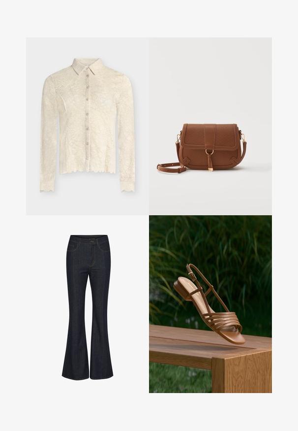 Cremefarvet blondeskjorte med lange ærmer, bølgede kanter, knapper foran og klassisk krave, med blomsterblonde mønster over det hele.; Mørkeblå flagrende jeans lavet af denim. Har frontlommer, synlige sømme og en knaplukning i taljen. Glat tekstur.; Brun læderåben-tå damesandal med tynde remme og ankelspænde, hvilende på kanten af en træbænk udendørs.; Brun læder crossbody taske med tekstureret mønster, frontklap, guldringdetalje og justerbar rem på hvid baggrund.