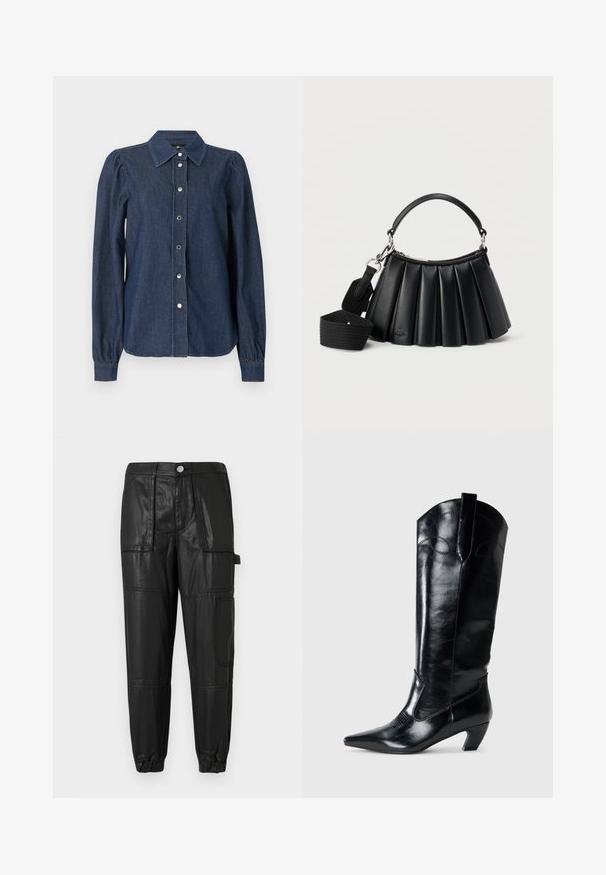 Mørkeblå denimskjorte med lange ærmer, knaplukning foran, spids krave og let puffede skuldre.; Sorte læderbukser med elastisk talje, snævre manchetter og flere lommer. Stoffet har en let blank finish.; Sorte læderknæhøje støvler med spids tå, lav hæl og dekorative syninger på siderne. Glat, blank overflade.; Sort læderhåndtaske med plissering, kort håndtag og aftagelig bred skulderrem i stof på hvid baggrund.