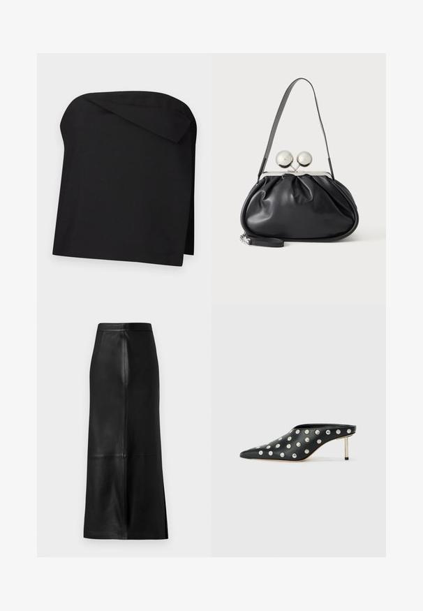 Minifalda negra asimétrica sin tirantes con un detalle de tela doblada en el borde superior frontal.; Falda de cuero negra con una silueta recta, que presenta una abertura trasera, textura suave y costuras visibles.; STAND STUDIO KELSEY - Mules de tacón - black; Bolso de mano de cuero negro con diseño fruncido, una sola correa, marco metálico plateado y dos cierres grandes redondos de plata.