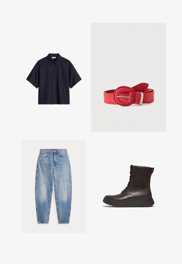 Navyblauw overhemd met korte mouwen en knoopsluiting, met puntige kraag, plat uitgestald op een witte achtergrond.; Lichtblauwe high-waisted spijkerbroek met lichte vervaging en slijtage bij de voorzakken, vijfzakkenstijl en taps toelopende pijpen.; Donkerbruine leren veterboot met dikke zwarte zool en treklus bij de hiel, weergegeven in rechter profiel op een witte achtergrond.; Rode suède riem met een ronde gesp, gestikte details en een metalen sluiting in zilverkleur. Gladde textuur met een klassiek ontwerp.