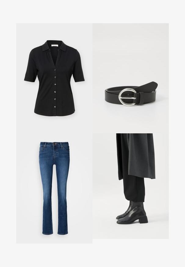 Chemise noire à manches courtes avec col, six boutons sur le devant, et une silhouette légèrement cintrée.; Jean en denim bleu avec une coupe évasée, présentant un agencement classique à cinq poches, un zip et un lavage subtil pour la texture.; Bottines en cuir noir à talons blocs bas portées avec un pantalon noir et un long manteau gris foncé.; Ceinture en cuir noir avec une boucle en argent rond, texture lisse et design épuré. La sangle est ajustable avec une extrémité pointue.