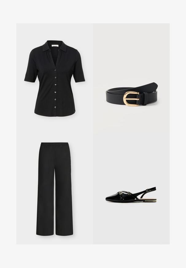 Chemise noire à manches courtes avec col, six boutons sur le devant, et une silhouette légèrement cintrée.; Pantalon noir à jambes larges avec taille élastique et fermeture à bouton sur le devant, présenté sur un fond clair uni.; Des chaussures slingback en cuir verni noir avec un bout pointu, ornées de deux boucles dorées et d'un petit talon. Texture lisse et design minimaliste.; Ceinture en cuir noir enroulée avec une boucle incurvée dorée brillante et une passant de ceinture sur un fond blanc uni.