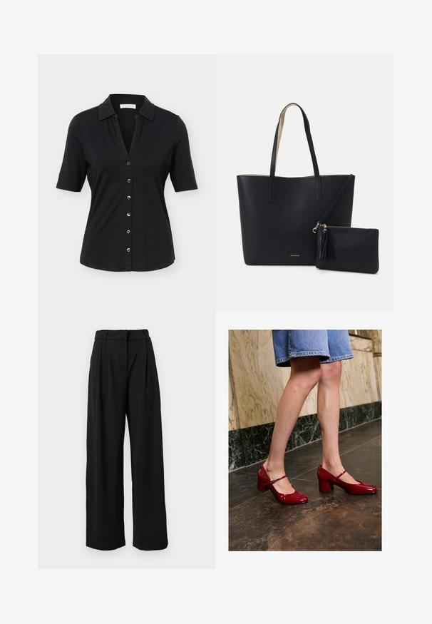 Chemise noire à manches courtes avec col, six boutons sur le devant, et une silhouette légèrement cintrée.; Pantalon noir taille haute à jambes larges avec passants pour ceinture et fermeture éclair frontale, présenté sur un fond blanc.; Personne portant des escarpins blocs rouges brillants et une jupe en denim bleu, se tenant sur un sol carrelé sombre près d'un mur en marbre.; Sac fourre-tout noir avec un matériau texturé, deux longues anses et une pochette zippée amovible avec un détail de pompon. Logo de la marque en orvisible.
