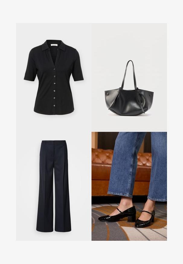 Chemise noire à manches courtes avec col, six boutons sur le devant, et une silhouette légèrement cintrée.; Pantalon à jambes larges bleu marine foncé, en tissu lisse. Il présente une ceinture cintrée et des plis devant, conçu pour une coupe décontractée.; Des escarpins en cuir verni noir avec un bout pointu, un talon bloc et une bride à la cheville, portés avec un jean en denim à jambes larges, sur un tapis à motifs.; Sac à bandoulière en cuir noir avec deux longues anses, une forme arrondie et souple, et des détails à boutons de chaque côté.