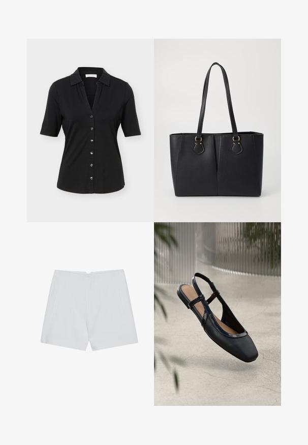 Sort kortærmet skjorte med knapper foran, krave, seks knapper på fronten og en let figursyet silhuet.; Hvide shorts med et skræddersyet design, flad front, to sidelommer og en ren kant. Fremstillet af et glat stof uden synlige mønstre.; Sorte læder slingback flade sko med firkantet tå, prydet med en blank patenteret kant og justerbare remme for en sikker pasform.; Sort faux læder tote taske med en tekstureret finish, to lange håndtag og hardware i guld tone-accenter på siden. Rektangulær form.