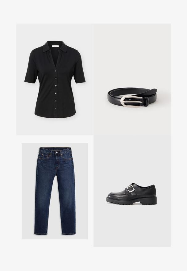 Schwarzes, kurzärmeliges Hemd mit Knöpfen, Kragen, sechs Knöpfen vorne und einer leicht taillierten Silhouette.; Dunkelblaue Jeans aus Denim mit geradem Bein-Design. Verfügt über einen Reißverschluss mit Knopfverschluss, fünf Taschen und kontrastierende Nähte.; Schwarze Lederschuhe mit einer abgerundeten Spitze, ausgestattet mit einem seitlichen Schnallen-Detail und einer dicken, robusten Sohle. Glatte Textur mit minimalen Nähten.; Schwarzer Ledergürtel mit silberner rechteckiger Schnalle, auf weißem Hintergrund aufgerollt.