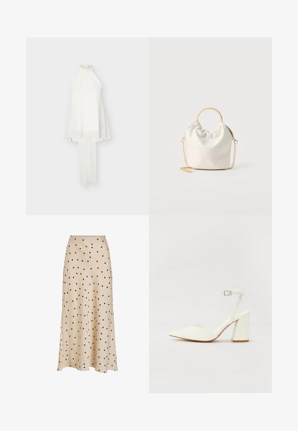 Haut blanc sans manches à col montant froncé et longues attaches en tissu pendantes dans le dos sur fond uni.; Jupe midi beige en tissu lisse, ornée d'un motif à pois noirs sur l'ensemble, avec une silhouette légèrement évasée et un détail d'un fente.; Sandale blanche à talon avec un bout pointu, sangle de cheville réglable et un talon carré épais. Texture lisse avec des détails de couture minimaux.; Petite sac à main blanc tissé avec poignée ronde en or et bandoulière chaîne en or, présenté sur un fond neutre.