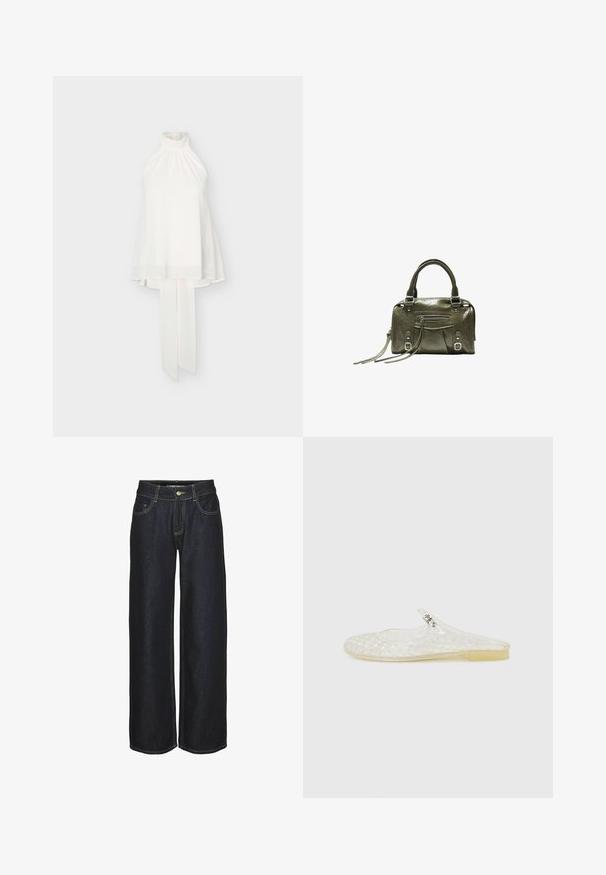 Hvid ærmeløs haltertop med høj rynket halsudskæring og lange stofbånd, der hænger bagpå mod ensfarvet baggrund.; Mørkeblå lige ben jeans med frontlommer, bæltestropper og gule kontrastsyninger, vist på en hvid baggrund.; Gennemsigtig plastiksko med gittermønster, rund tå og en lille sølvaccent på remmen. Fleksibel sål i gennemsigtig farve.; Oliven-grøn læderhåndtaske med dobbelte håndtag, lynlåslomme foran, spændedetaljer og lange kvaster på en hvid baggrund.
