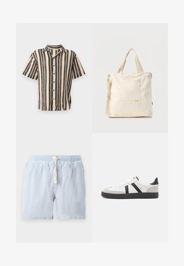 Košeľa s krátkym rukávom v béžovej farbe s čiernymi vertikálnymi pruhmi a textúrovanými vzormi. Má výstrih do V a zapínanie na gombíky.; Svetlomodré pruhované šortky vyrobené z mäkkej tkaniny s elastickým pásom a šnúrkou. Obsahujú bočné vrecká a majú voľný strih.; Biele tenisky s čiernymi a šedými akcentmi, s textúrovanou šedou špičkou, čiernou gumovou podrážkou a plochými bielymi šnúrkami. Čistý dizajn, minimalistický štýl.; Krémová plátenná taška typu tote s predným vreckom, dvoma rukoväťami, nastaviteľným ramenným popruhom a malým žltým nápisom "O.N.S" v dolnom pravom rohu vrecka.