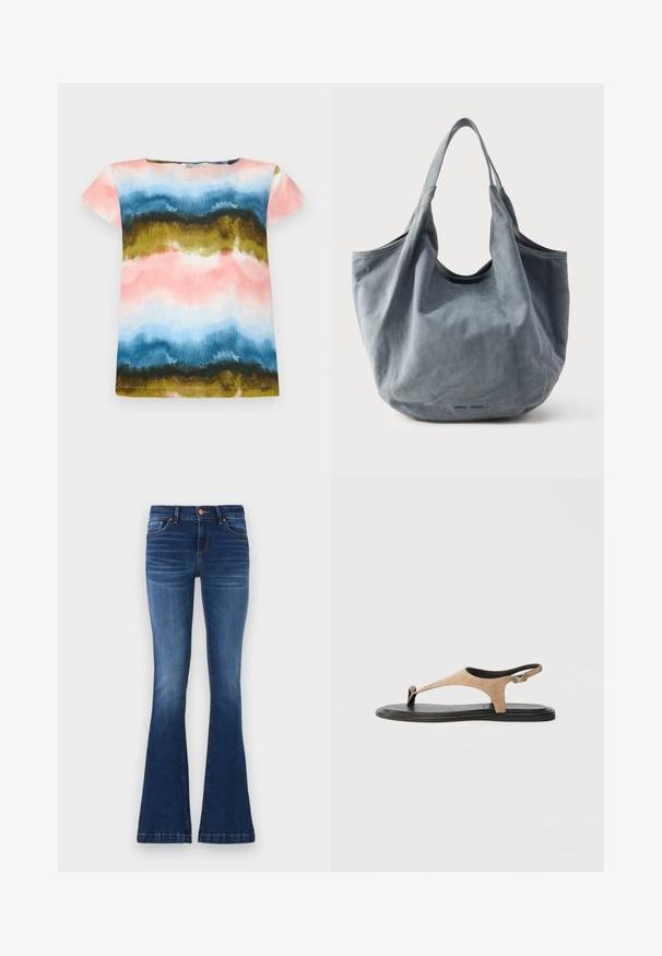 T-Shirt mit kurzen Ärmeln, das ein Aquarellmuster in Pink, Blau, Grün und Gold zeigt. Weicher Stoff mit lockerer Passform und rundem Ausschnitt.; Ausgestellt geschnittene Blue Jeans aus Denim, mit einer mittelhohen Taille, fünf Taschen und kontrastierenden Nähten entlang der Nähte.; Beige Wildleder-Sandale mit T-Riemen-Design, ausgestattet mit einem silbernen Akzent, einem hinteren Riemen und einer flachen schwarzen Sohle. Minimalistischer und offene-toe-Stil.; Weiche graue Wildleder-Einkaufstasche mit offenem oberen Abschluss, strukturierter Silhouette und zwei geschwungenen Griffen. Verfügt über nahtlose Nähte und eine glatte Textur.