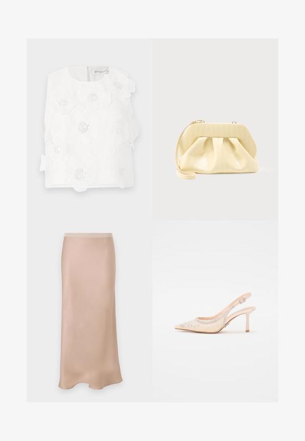Hvid ærmeløs top med blomsterbroderi og palietter. Rundet halsudskæring med lynlås bagpå og en sløjfe på siden.; Satin midi-nederdel i lys beige med en glat tekstur. Har en tætsiddende talje og en diskret A-form, der udvider sig let ved kanten.; Steve Madden VERO - Højhælede pumps - champagne; Clutch-taske i cremefarvet læder med en struktureret topramme og håndledsrem, vist mod en enkel lys baggrund.