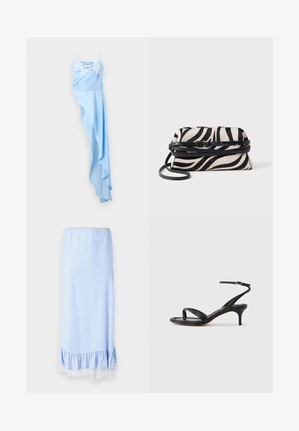 Lyseblå asymmetrisk kjole med tynde stropper og hvid blondedetalje på overdelen, med et draperet, flydende skørt.; Lyseblå satin nederdel med en flæset kant, prydet med hvid blonde og subtile blomster mønstre i stoffet. Elastisk talje.; Sort damesandal i læder med tynde remme, en tå-loop, ankelspænde og en mellemhøj stiletthæl på en neutral baggrund.; Lille rektangulær clutch taske med sort og hvid zebra print og en tynd sort læderrem krøllet på en hvid baggrund.