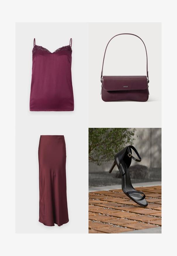 TWINSET WOVEN TOP - Top - bordeaux; Burgundská saténová maxisukňa s priliehavým pásom a rozšíreným lemom, so hladkou textúrou a bez viditeľných vzorov alebo ozdôb.; Čierna sandála na vysokom podpätku s remienkom okolo členka sa zdá byť zavesená nad drevenou dlažbou vonku s rozmazaným zeleným porastom a kamenným pozadím.; Vínovo červená kožená kabelka so štruktúrovaným dizajnom, vybavená klopou a nastaviteľným remienkom. Na prednej strane je vyrazené logo.