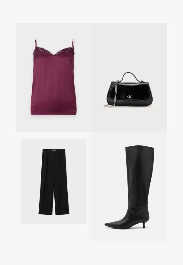 TWINSET WOVEN TOP - Top - bordeaux; Čierne široké nohavice s vysokým pásom, pútkami na opasok a prednými sklady, zobrazené na svetlosivom pozadí.; Čierne kožené čižmy po kolená s ostrou špičkou a nízkym podpätkom. Hladkátextúra a minimalistický dizajn bez viditeľného hardvéru alebo akcentov.; Čierna kožená kabelka s reťazovou rukoväťou, pevný tvar a strieborný akcent s logom. Hladký povrch s klapkovým uzatváraním.