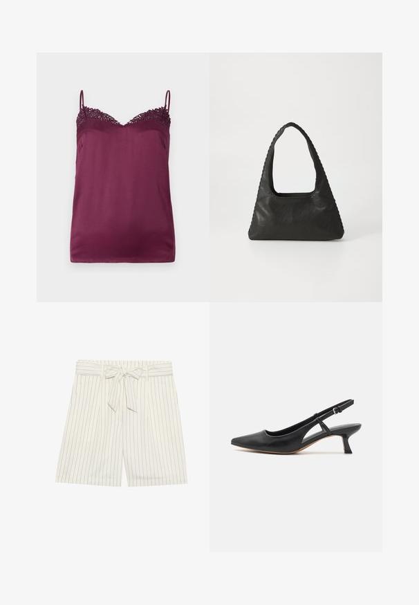 TWINSET WOVEN TOP - Top - bordeaux; Pantalones cortos a rayas blancas con cintura con cinturón. La tela presenta líneas oscuras estrechas, y el diseño incluye pliegues para mayor detalle.; Zapato slingback de piel negra con punta afilada, tacón bajo tipo bloque, detalle en los laterales recortados y correa ajustable en el tobillo. Textura suave en toda la superficie.; Bolso de cuero negro con forma triangular, un gran asa recortada y costuras detalladas a lo largo de los bordes. Textura suave.