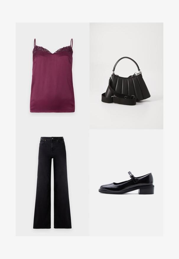 TWINSET WOVEN TOP - Top - bordeaux; Čierne široké džínsy s vysokým pásom, prednými vreckami, pútkami na opasok a zapínaním na gombík.; Čierna lakovaná kožená Mary Jane obuv s nízkym valcovým podpätkom a nastaviteľným remienkom so sponou na jednoduchom svetlom pozadí.; Čierna plisovaná kabelka s okrúhlou rukoväťou, nastaviteľným popruhom a lesklou textúrou. Obsahuje strieborné kovanie a štruktúrovaný siluetu.