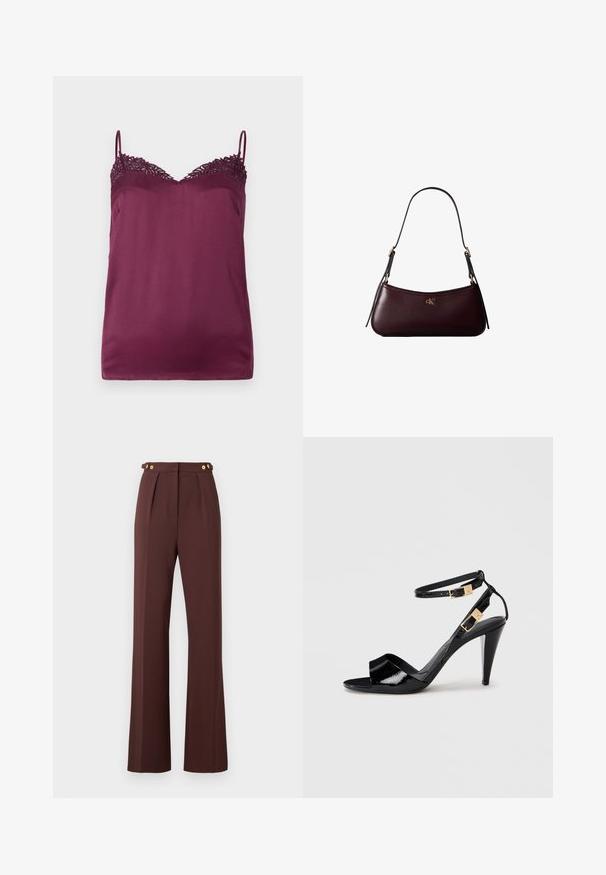 TWINSET WOVEN TOP - Topp - bordeaux; Kõrge vöökohaga pruunid laiad püksid, millel on ette voldid ja kuldsetest nuppudest detailid reguleeritavates vööpaneelides.; Mustra musternahkade musta nahk sandaal kõrgete kontodega, topelt pahkluu rihmade ja kuldsete pandlatega, avatud varvastega ja kitsaste kergelt koonusjate kontidega neutraalsel taustal.; Tume burgundia nahast käsitsi kotike, millel on peenike must õlarihm ja väike kuldne "cK" logo esiküljel keskel.