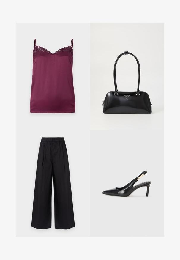 TWINSET WOVEN TOP - Top - bordeaux; Sorte bukser med bred benvidde lavet af glat stof, med elastisk talje og uden synlige lommer eller hardwaredetaljer.; Sort læder slingback højhælede sko med spidse tæer, glat overflade og en smal ankelrem med guldfarvede hardware detaljer.; Sort glanshandtaske med en buet silhuet, to håndtag og en frontlogo-plakette. Lynlås lukning og skinnende hardware-detaljer.