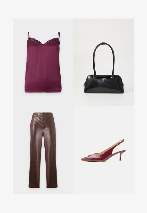 TWINSET WOVEN TOP - Top - bordeaux; Brune faux læderbukser med lige snit og glat tekstur. Har en frontlynlås og knaplukning, suppleret med tonal syning.; Bordeaux laklæder slingback-pumpe med spids tå, mellemhøj kitten-hæl og justerbar spænde.; Sort glanshandtaske med en buet silhuet, to håndtag og en frontlogo-plakette. Lynlås lukning og skinnende hardware-detaljer.