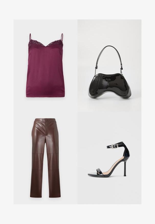 TWINSET WOVEN TOP - Top - bordeaux; Brune faux læderbukser med lige snit og glat tekstur. Har en frontlynlås og knaplukning, suppleret med tonal syning.; Sort højhælet sandal i laklæder med ankelrem. Har minimalistisk design, åben tå og spænde med rhinsten-detaljer.; Sort patentlæder håndtaske med en unik buet form, kort justerbar hank og en lynlåslukning i toppen. Glat tekstur med diskret branding.