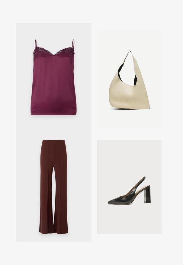TWINSET WOVEN TOP - Top - bordeaux; Smeđe hlače širokih nogavica s visokim strukom, izrađene od glatke tkanine s vertikalnim šavovima sprijeda i uredno dovršenim rubom.; Ženska crna kožna slingback cipela s šiljastim vrhom i debelom visokom blok petom na bijeloj pozadini.; Ramena torba od glatke kože boje kreme s zakrivljenim trokutastim oblikom i podesivim remenom sa srebrnom kopčom.