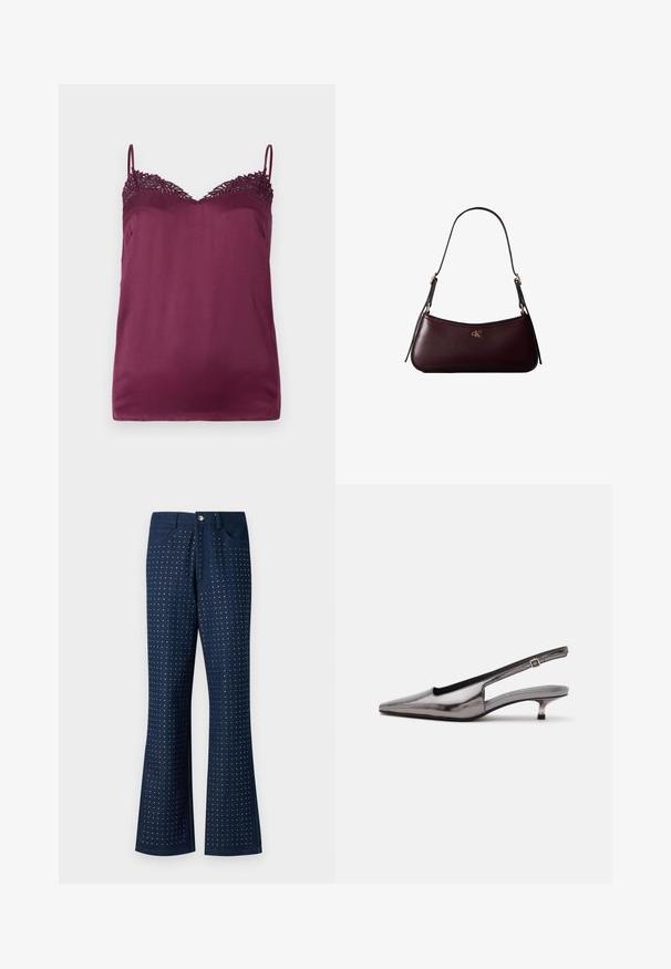 TWINSET WOVEN TOP - Top - bordeaux; Mørkeblå jeans med bredde i buksebenene, der har et prikket mønster over hele, fem lommer og knaplukning i metal. Fremstillet af denimstof.; Metalgrå spids slingback-sko med lav kittenhæle og justerbar rem på hvid baggrund.; Mørk bordeaux læderhåndtaske med en tynd sort skulderrem og lille gyldent "cK" logo foran i midten.
