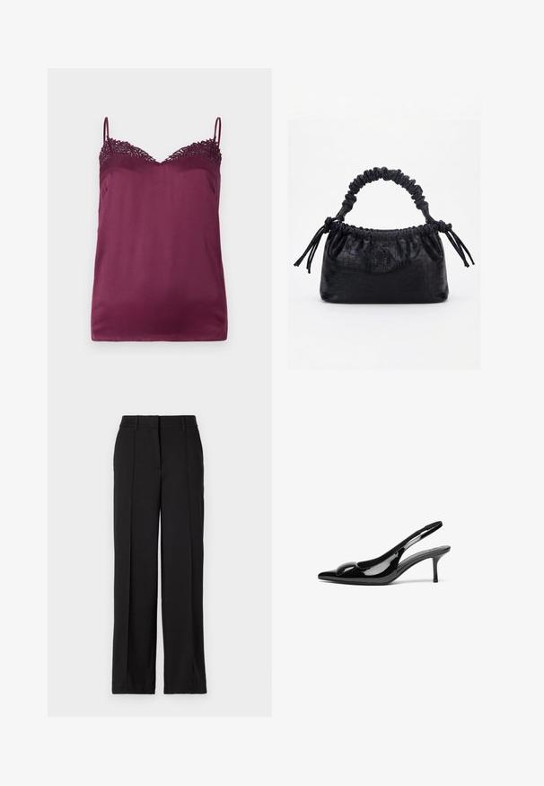 TWINSET WOVEN TOP - Top - bordeaux; Čierne nohavice so striktným strihom, s dvoma prednými záhybmi, pásom a bez viditeľných vreciek či ozdôb.; Čierne patentkové lodičky s otvorenou pätou, špicatou špičkou a lesklým povrchom. Majú štíhly opätok a zaoblený detail na nártovej časti.; Čierna kabelka s krokodíľou textúrou, riaseným horným okrajom, zhromaždenou rukoväťou a šnúrkami s strapcami na každej strane na bielom pozadí.
