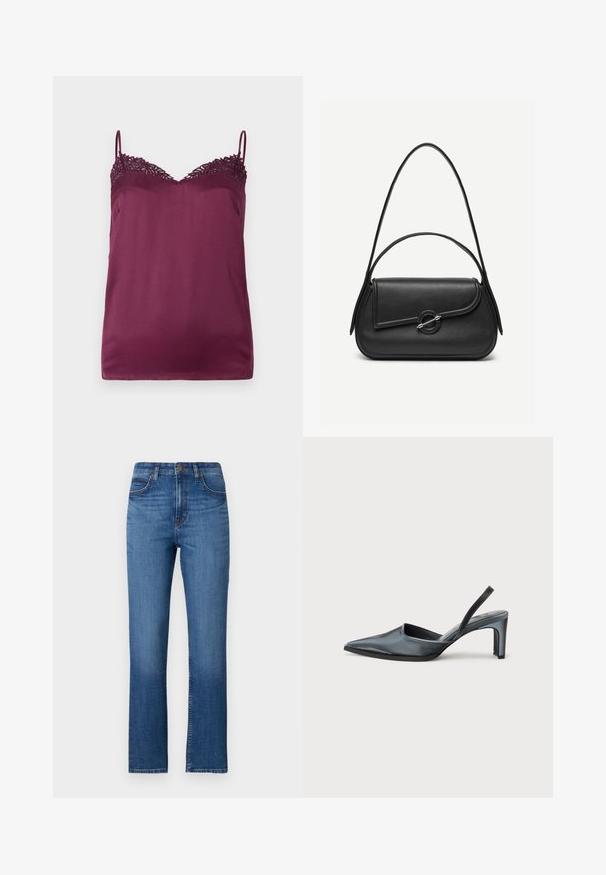 TWINSET WOVEN TOP - Top - bordeaux; Blauw denim jeans met een rechte pasvorm, hoge taille, vijf zakken en subtiele stiksels langs de naden. Glad oppervlak.; Zwarte slingback hak met een puntige neus, een gladde satijnen afwerking en een slanke hak van 7,5 cm. Open zijkantontwerp met minimale stikdetails.; Zwarte leren handtas met afgeronde hoeken, asymmetrische klep, metalen ronde sluiting en zowel korte als lange schouderriemen.