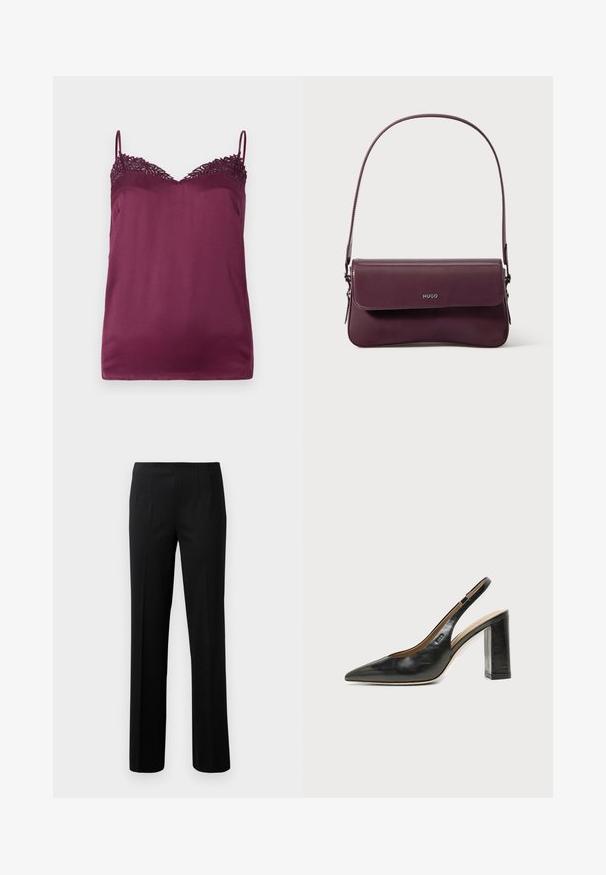 TWINSET WOVEN TOP - Top - bordeaux; Prispôsobené čierne nohavice s vertikálnymi prúžkami, s plochým predným dielom, dvoma bočnými vreckami a rovnou nohavicou. Vyrobené z hladkej látky.; Čierna kožená slingback obuv s špicatou špičkou, vysokým hrubým podpätkom a béžovou vnútornou podšívkou na svetlom jednofarebnom pozadí.; Vínovo červená kožená kabelka so štruktúrovaným dizajnom, vybavená klopou a nastaviteľným remienkom. Na prednej strane je vyrazené logo.
