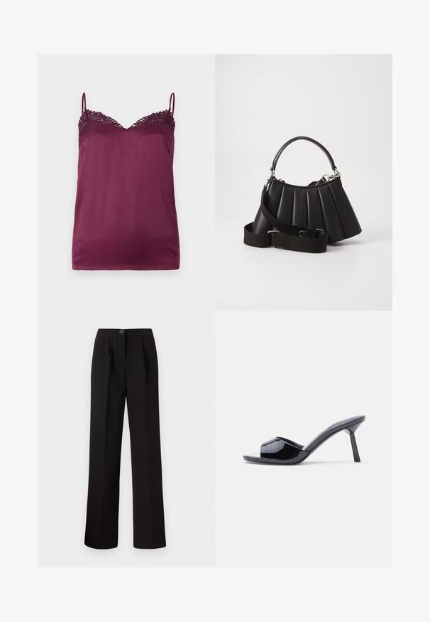 TWINSET WOVEN TOP - Débardeur - bordeaux; Pantalon noir avec une coupe droite, comprenant des plis sur le devant, une fermeture à bouton et un tissu lisse et texturé.; Sandales à talons ouverts en cuir verni noir, avec un design supérieur incurvé et un talon aiguille effilé. Finition lisse et brillante.; Sac à main plissé noir avec une poignée arrondie, une bandoulière réglable et une texture brillante. Présente des accessoires en argent et une silhouette structurée.