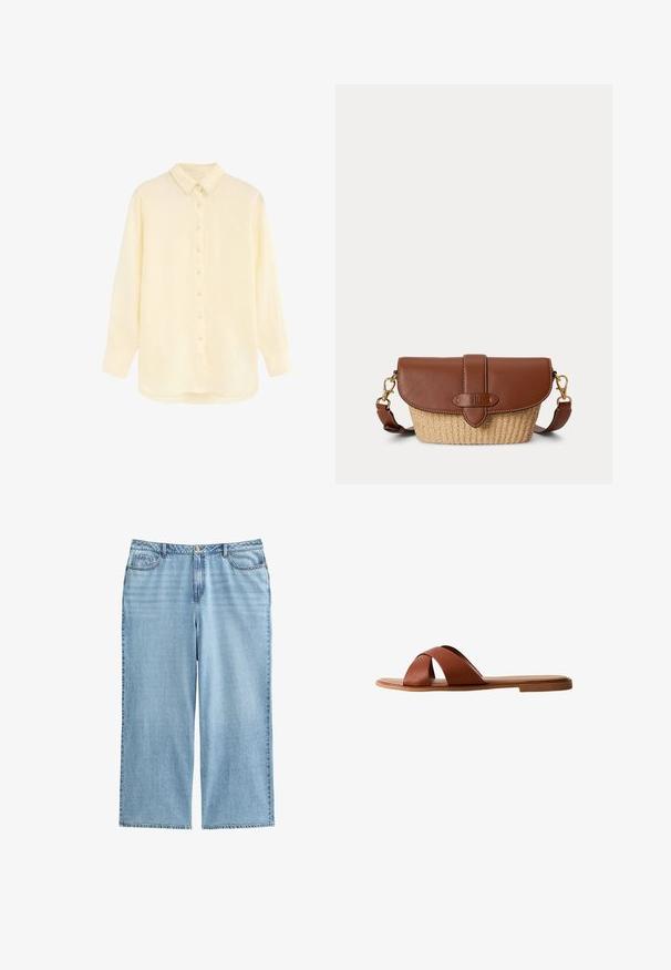 Camisa crema de manga larga, abotonada, con cuello puntiagudo y dobladillo redondeado, mostrada extendida sobre un fondo blanco.; Culottes de mezclilla azul claro con cintura alta, piernas anchas y diseño de cinco bolsillos, con costuras en contraste y cierre de botón.; Sandalia plana de cuero marrón con diseño de tiras cruzadas. Suela plana con acabado liso y estilo minimalista. Sin herrajes visibles ni adornos.; Bolso bandolera de cuero marrón y paja tejida con cierre de solapa y correa ajustable con cierres en tono dorado.