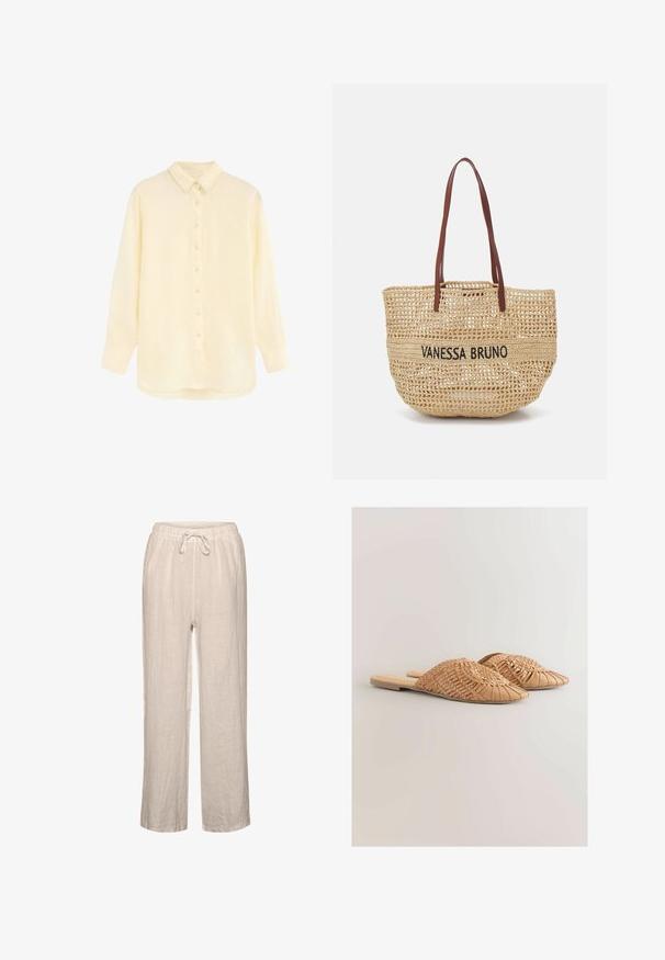 Camisa crema de manga larga, abotonada, con cuello puntiagudo y dobladillo redondeado, mostrada extendida sobre un fondo blanco.; Pantalones de lino en beige claro con cintura elástica y cordón, que presentan un corte relajado y diseño de pierna recta.; Sandalias deslizantes de cuero trenzado en color marrón claro, con un diseño de parte superior trenzada de gran tamaño y una suela plana. La punta afilada aporta un aspecto elegante.; Vanessa Bruno PANIER - Bolso shopping - sable/noir