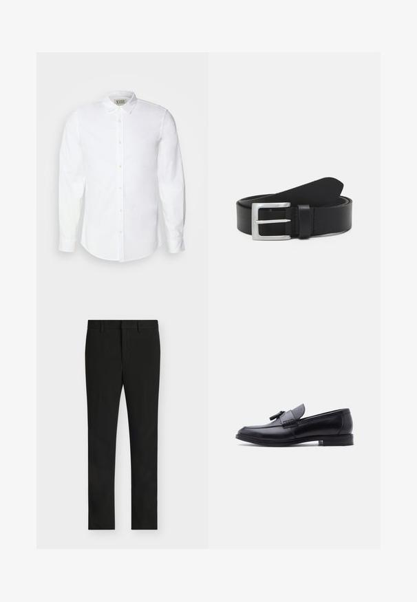 Camisa blanca de botón hecha de algodón con cuello clásico, mangas largas y bordado sutil en el lado izquierdo del pecho. Presenta botones beige.; Pantalones de vestir ajustados negros con trabillas para cinturón, cremallera frontal y parte delantera plana, mostrados sobre un fondo gris claro.; Mocasín de cuero negro con panel de tela gris texturizada y detalle de borlas, tacón bajo y punta redondeada, mostrado de perfil sobre fondo blanco.; Cinturón de cuero negro con una textura lisa, hebilla rectangular de plata y un lazo para el extremo. Presenta una costura ordenada a lo largo de los bordes.