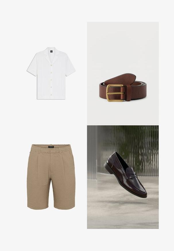 Weißes kurzärmeliges Hemd mit Knöpfen, vertikalen, strukturierten Linien und einem Reverskragen, flach auf einem weißen Hintergrund liegend.; Beige Shorts aus strukturiertem Stoff mit einer zerknitterten Oberfläche, einem elastischen Bund und zwei vorderen Falten.; Braune Leder-Loafer mit glänzendem Finish, die eine erhabene Naht und ein kleines ausgestanztes Detail an der Vorderseite aufweisen, sowie eine flache schwarze Sohle.; Brauner Ledergürtel mit einer rechteckigen Messingschnalle, zusammengerollt auf einem einfarbigen hellen Hintergrund.