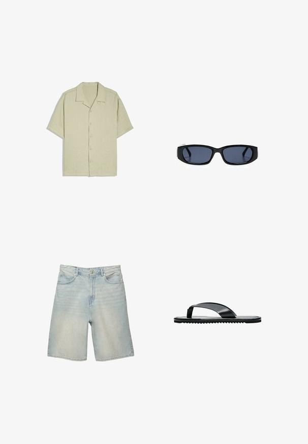 Beiges Kurzarm-Hemd mit Knopfleiste und Camp-Kragen, flach auf weißem Hintergrund ausgelegt.; Hellblaue Denim-Shorts mit lockerem Schnitt, ausgestattet mit fünf Taschen, Gürtelschlaufen und einer verblassten Waschung mit subtilen Gebrauchsspuren.; Schwarze flache Flip-Flop Sandale mit breitem Zehenriemen und strukturierter Sohle, seitlich auf weißem Hintergrund dargestellt.; Schwarze rechteckige Sonnenbrille mit dunkel getönten Gläsern vor weißem Hintergrund, von vorne gezeigt.